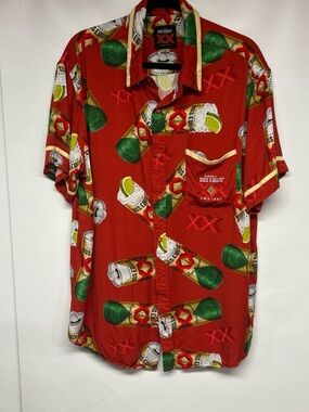 Red Short-Sleeve Camp Shirt with Bottle Print